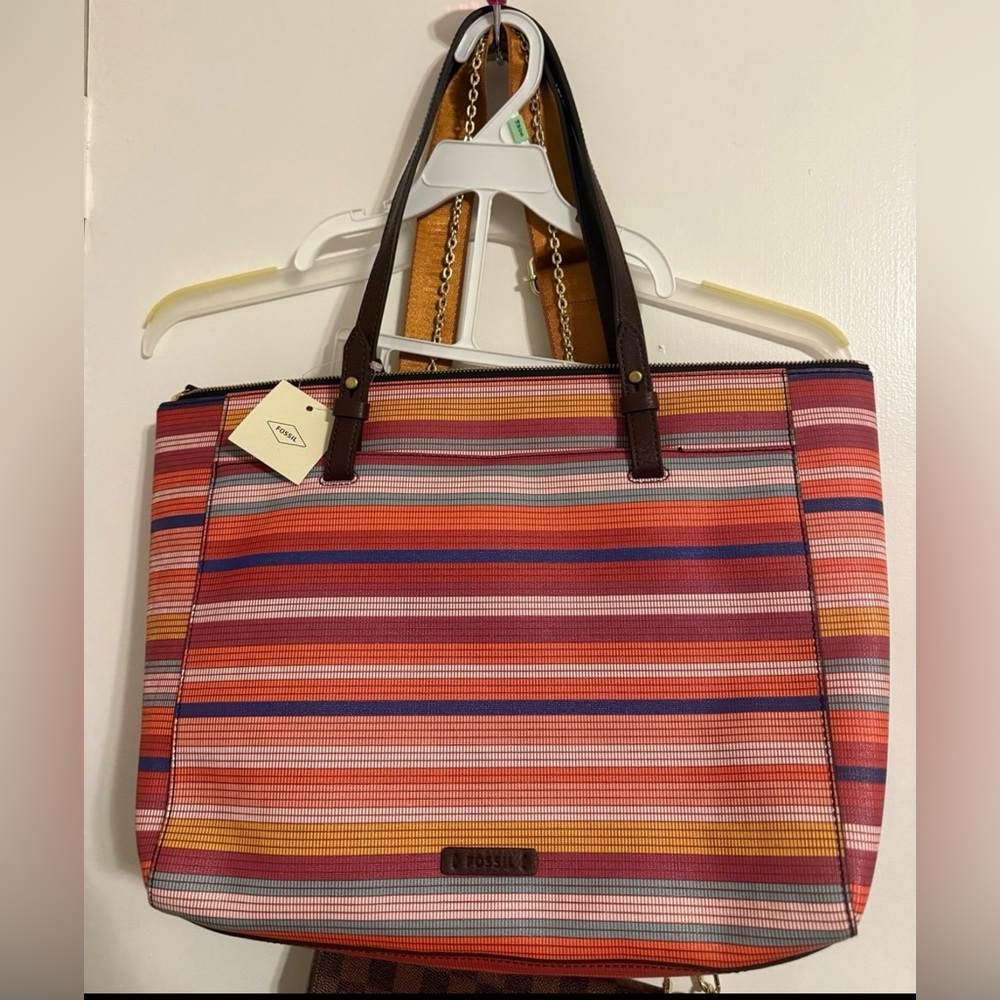 Fossil Striped Tote in Coral, Navy & Pink with Dark Brown Handles